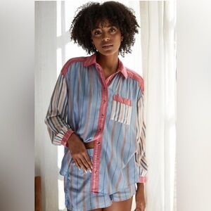 NWT By Anthropologie True Top Striped Top Sz L Printed Buttodown Long Sleeve